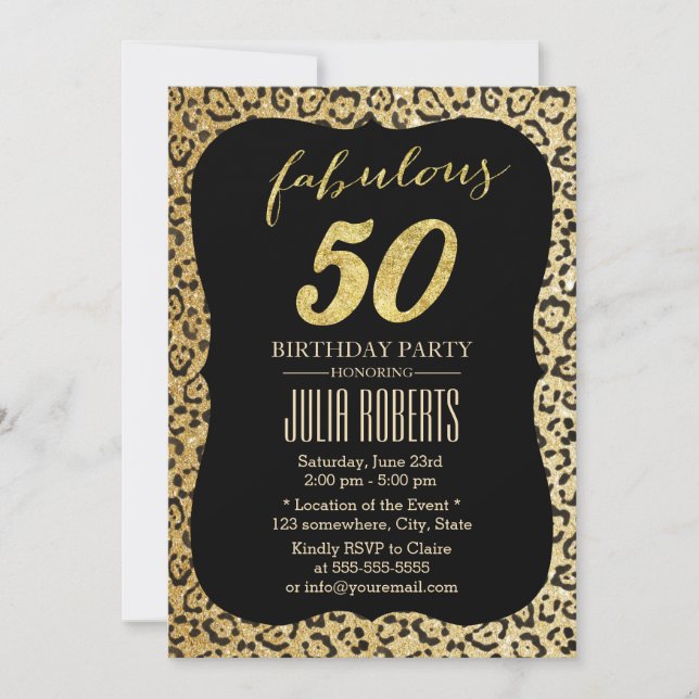 Modern Gold Leopard Print Fabulous 50 Birthday Invitation (Front)