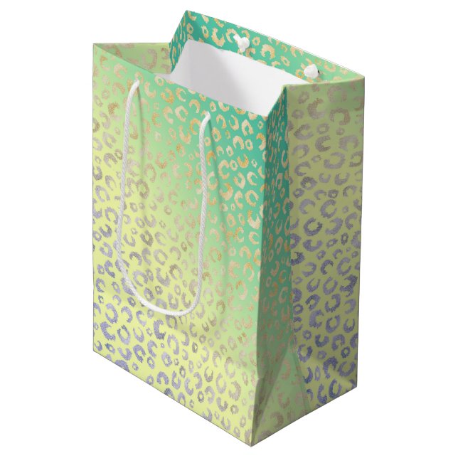 Modern Gold Leopard Print Yellow Mint Design Medium Gift Bag (Front Angled)