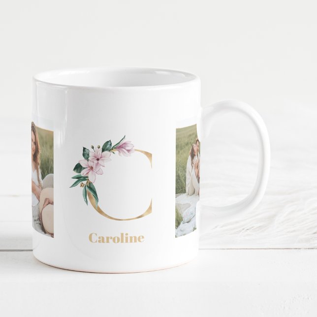 Modern Gold Letter C Flower | Two Photo Monogram  Coffee Mug (Creator Uploaded)