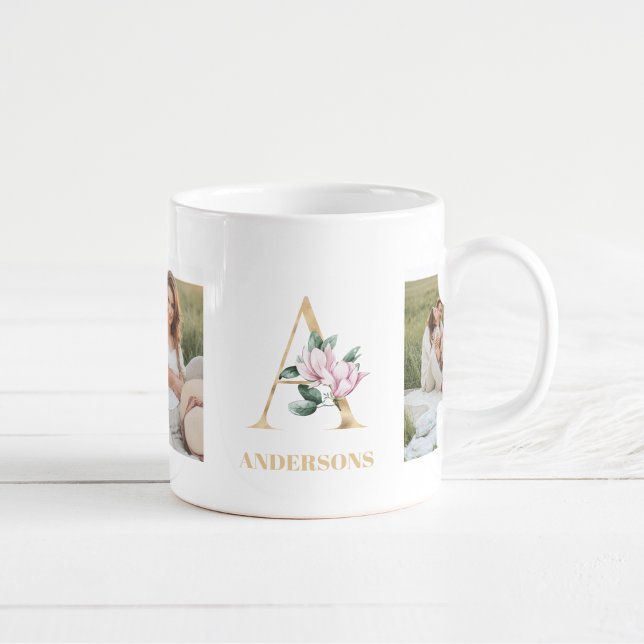 Modern Gold Letter Flowers | Two Photo Monogram Coffee Mug (Creator Uploaded)