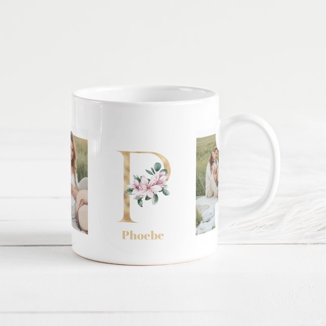 Modern Gold Letter P Flower | Two Photo Monogram  Coffee Mug (Creator Uploaded)