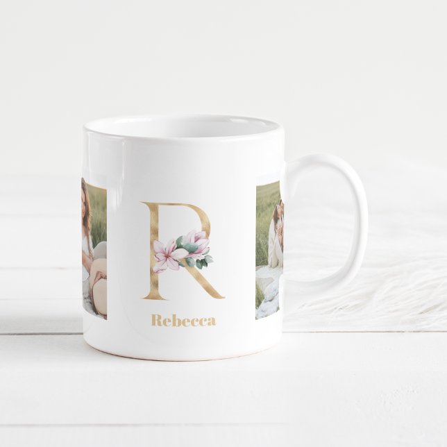 Modern Gold Letter R Flower | Two Photo Monogram  Coffee Mug (Creator Uploaded)
