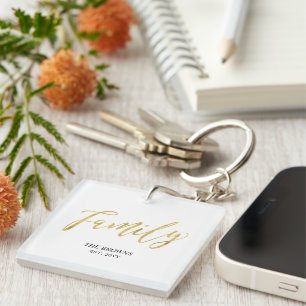 Modern Gold Lettering Family Photo Custom Key Ring