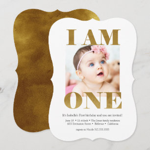 Modern Gold Lettering Photo 1st Birthday Invitation
