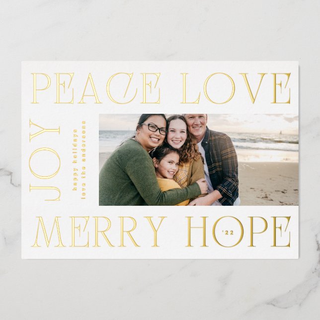 Modern Gold Letters MERRY JOY PEACE LOVE photo Foil Holiday Card (Front)