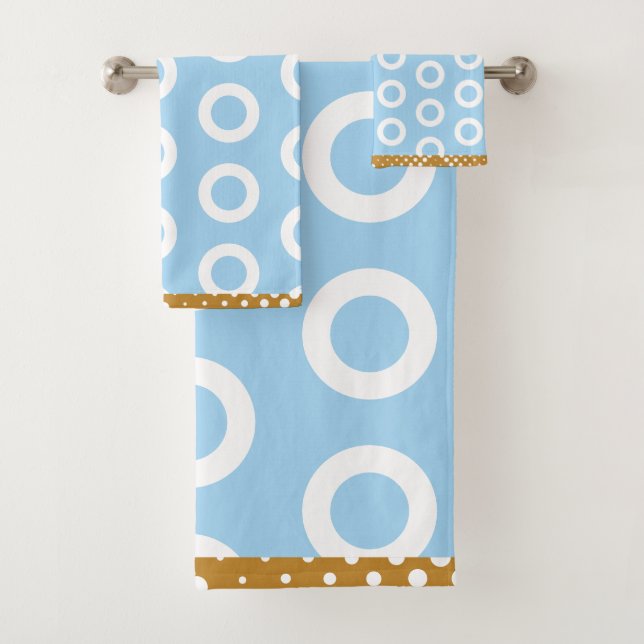 Modern Gold Light Blue White Circle Ring Pattern Bath Towel Set (Insitu)