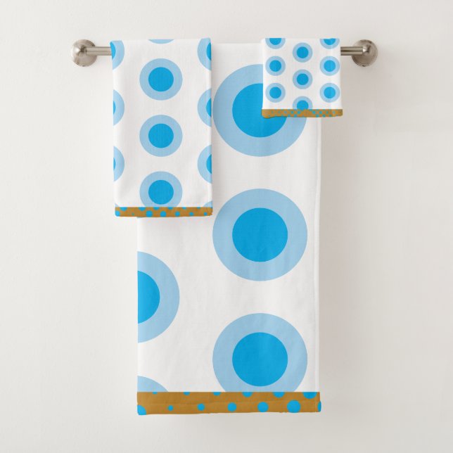 Modern Gold Light Blue White Circle Ring Pattern Bath Towel Set (Insitu)