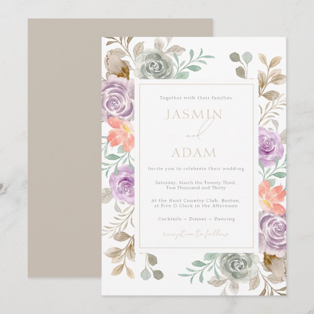 Modern Gold Lilac Peach Floral Wedding Invitation (Front/Back)