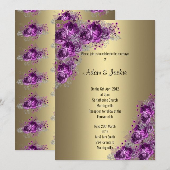 Modern Gold Lilac Purple floral ELEGANT WEDDING Invitation (Front/Back)