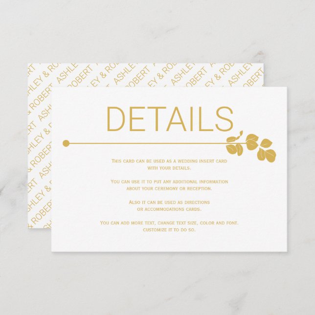 Modern gold line and branch with leaves wedding enclosure card (Front/Back)
