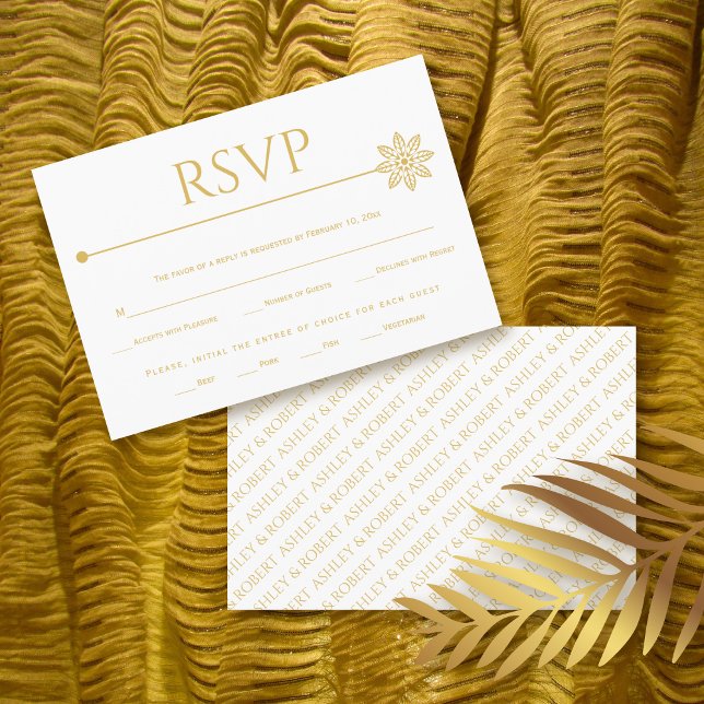 Modern gold line with flower and dot wedding RSVP card (Creator Uploaded)