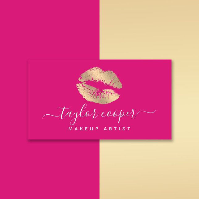 Modern gold lips hot pink makeup artist business card (Creator Uploaded)