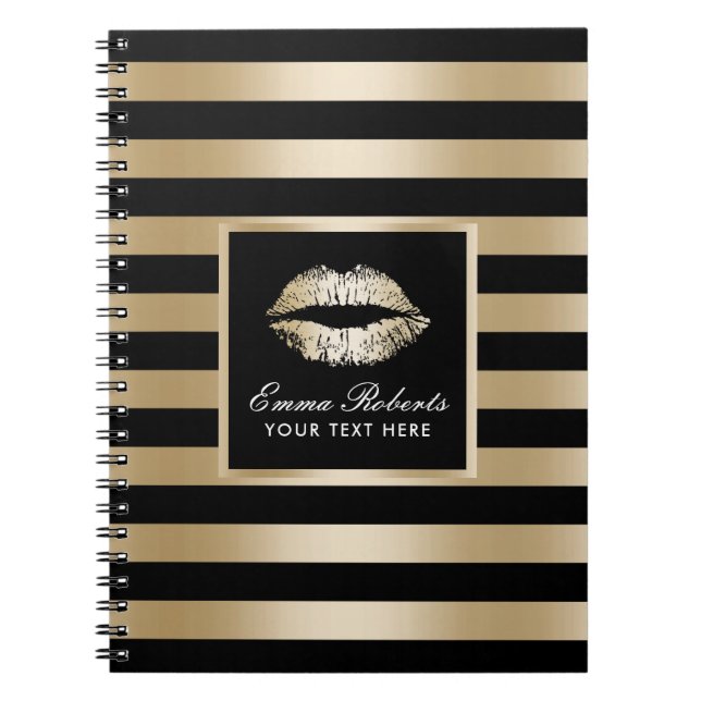 Modern Gold Lips Luxury Black & Gold Stripes Notebook (Front)