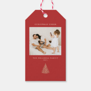 Modern Gold-Lit Tree Photo Christmas Cheer  Red Gift Tags