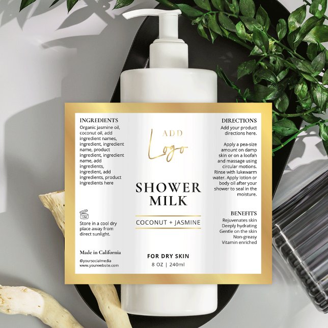 Modern Gold Logo 6 OZ 8 OZ Cosmetic Bottle Label (Chic faux gold waterproof product label with your logo, great for large cosmo bottles *verify size)