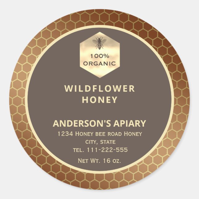 Modern gold logo honey bee honey jar classic round sticker (Front)
