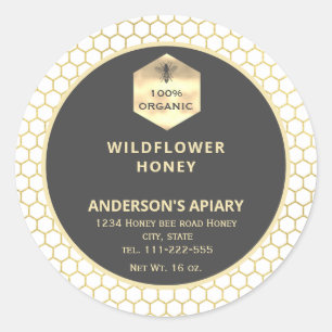 Modern gold logo honey bee honey jar classic round sticker