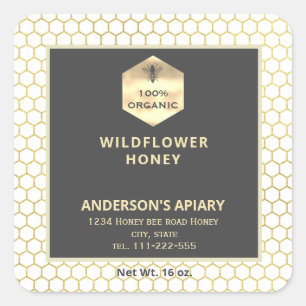 Modern gold logo honey bee honey jar square sticker