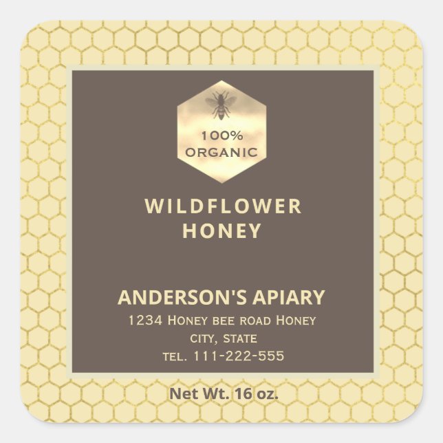 Modern gold logo honey bee honey jar square sticker (Front)