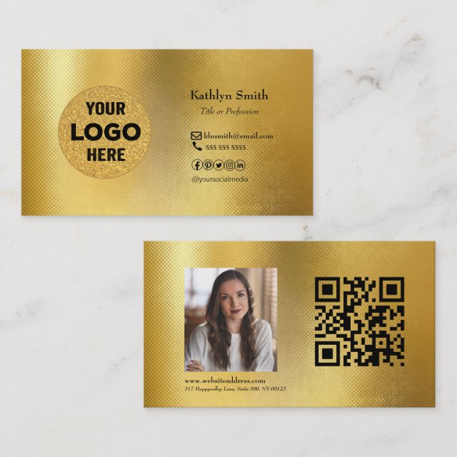 Modern Gold LOGO Photo QR Code Professional Business Card (Front/Back)