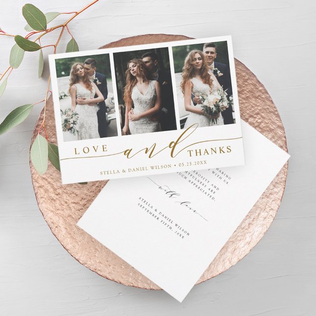 Modern Gold Love and Thanks 3 Photo Wedding Thank You Card (Creator Uploaded)