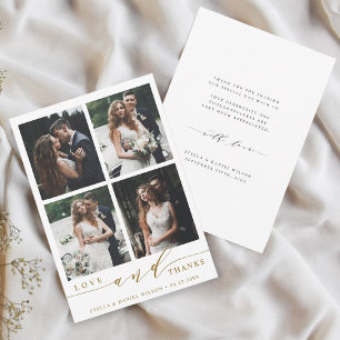 Modern Gold Love and Thanks 4 Photo Wedding Thank You Card