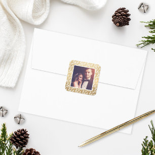 Modern Gold Love Script Custom Couple Photo Square Sticker