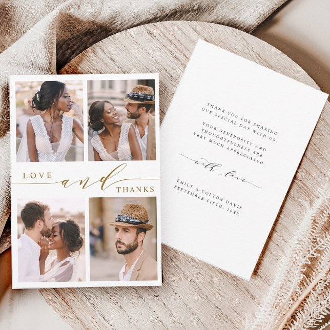 Modern Gold Love & Thanks 4 Photo Wedding Thank You Card (Front & Back)