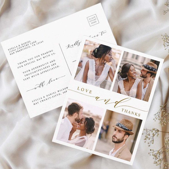 Modern Gold Love & Thanks 4Photo Wedding Thank You Postcard (Front & Back)