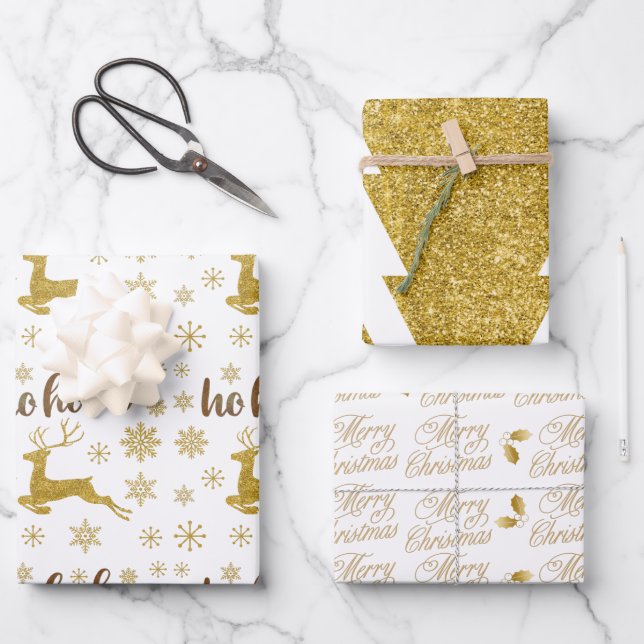 Modern gold luxury deer tree script text white wrapping paper sheet (Front)