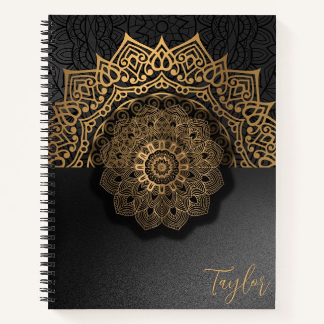 Modern Gold Mandala Black Personalised Notebook (Front)