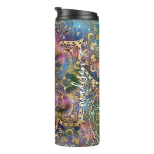 Modern Gold Mandala Blue Purple Nebula Custom Name Thermal Tumbler
