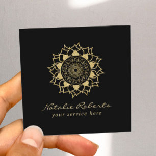 Modern Gold Mandala Flower Logo Elegant Black Square Business Card