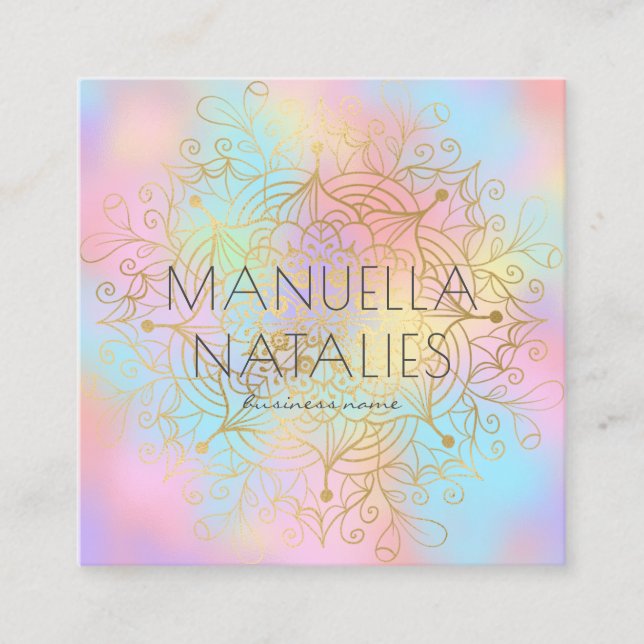 Modern Gold Mandala Pastel Gradient Makeup Artist Square Business Card (Front)
