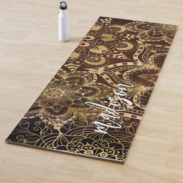 Modern Gold Mandala Pattern Custom Name Yoga Mat (In Situ)