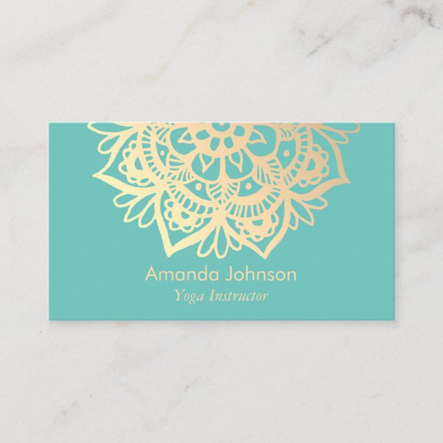 Modern Gold Mandala Teal Yoga Instructor Business Card (Front)