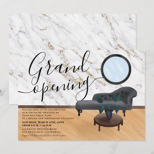 Modern gold marble beauty salon grand opening invitation (Front/Back)
