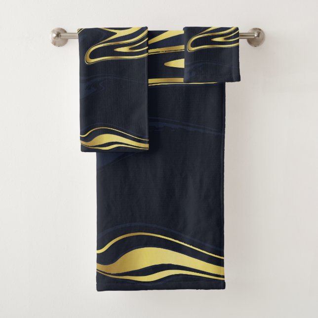 Modern Gold Marble Dark Blue Elegant Stripes Bath Towel Set (Insitu)