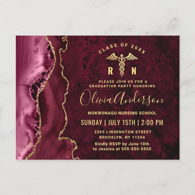Modern Gold Maroon RN Graduation Party Invitation Postcard (Front)