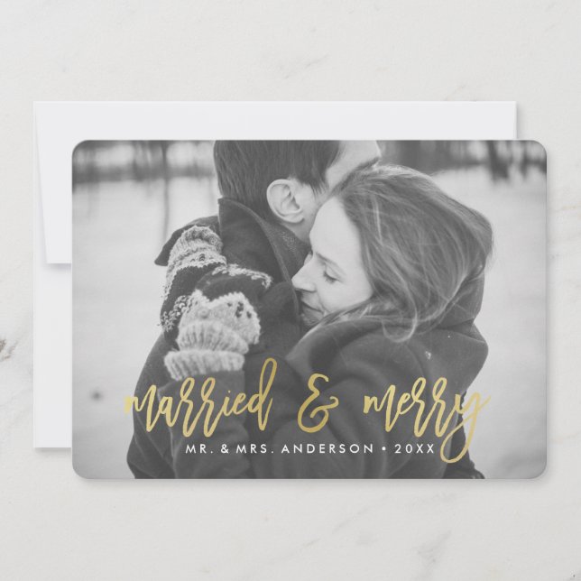 Modern Gold Married and Merry | Holiday Photo Card (Front)