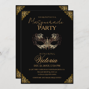 Modern Gold Masquerade Party Birthday Invitation