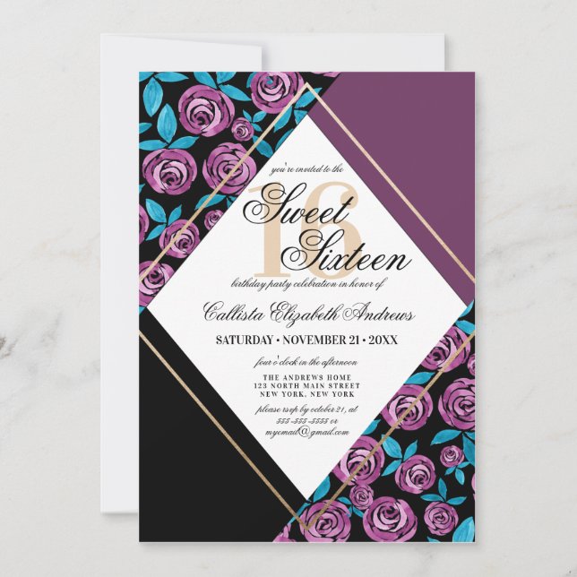 Modern Gold Mauve Black Flower Watercolor Sweet 16 Invitation (Front)
