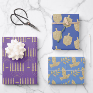 Modern Gold Menorah Dreidel Olive Branch Dove Wrapping Paper Sheet