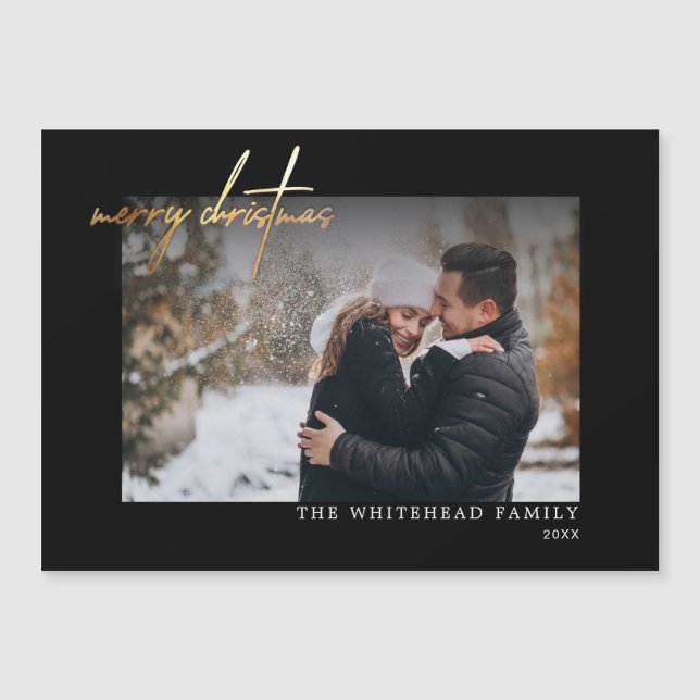 Modern Gold Merry Christmas Black Magnetic Card (Front)