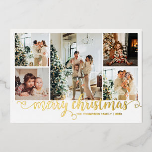Modern Gold Merry Christmas Heart Script 5 Photo Foil Holiday Card