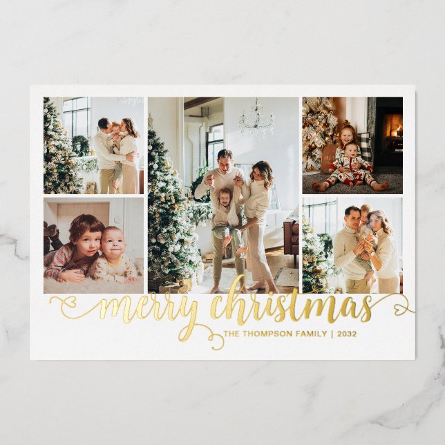 Modern Gold Merry Christmas Heart Script 5 Photo Foil Holiday Card (Front)