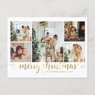 Modern Gold Merry Christmas Heart Script 5 Photo Holiday Postcard