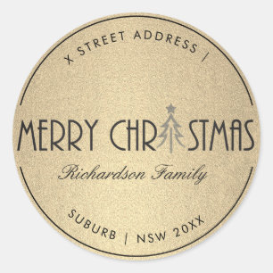 MODERN GOLD MERRY CHRISTMAS HOLIDAY ADDRESS CLASSIC ROUND STICKER