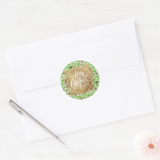 Modern Gold Merry Christmas on Green Classic Round Sticker (Envelope)
