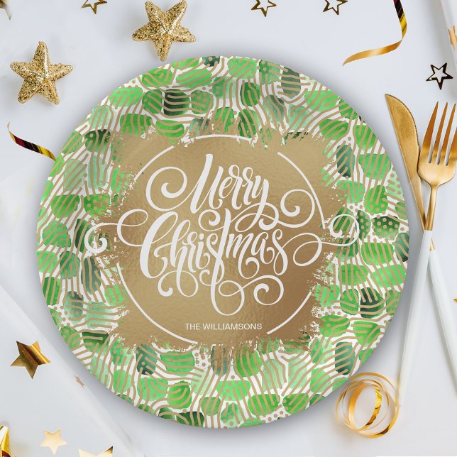 Modern Gold Merry Christmas on Green Paper Plate (Creator Uploaded)